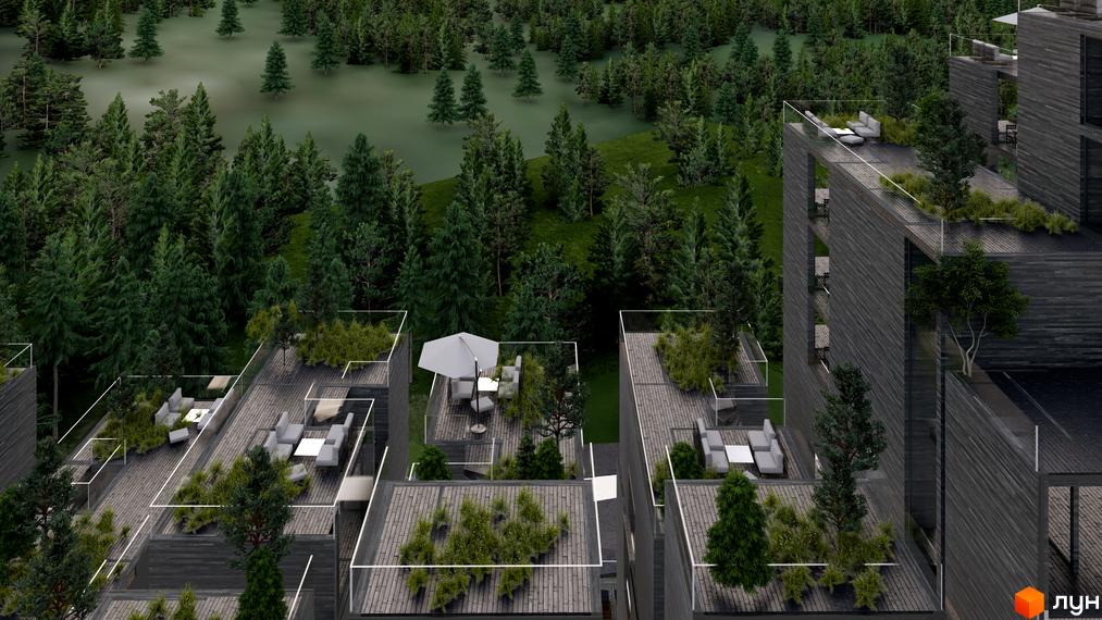 Апарт-комплекс Crystal Hills з терасами на дахах, оточений зеленими насадженнями та лісом. Сучасна архітектура новобудови з місцями для відпочинку на відкритому повітрі.