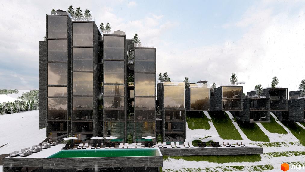 Апарт-комплекс Crystal Hills з темними фасадами та великими вікнами, розташований на схилі гори біля басейну та зон відпочинку.