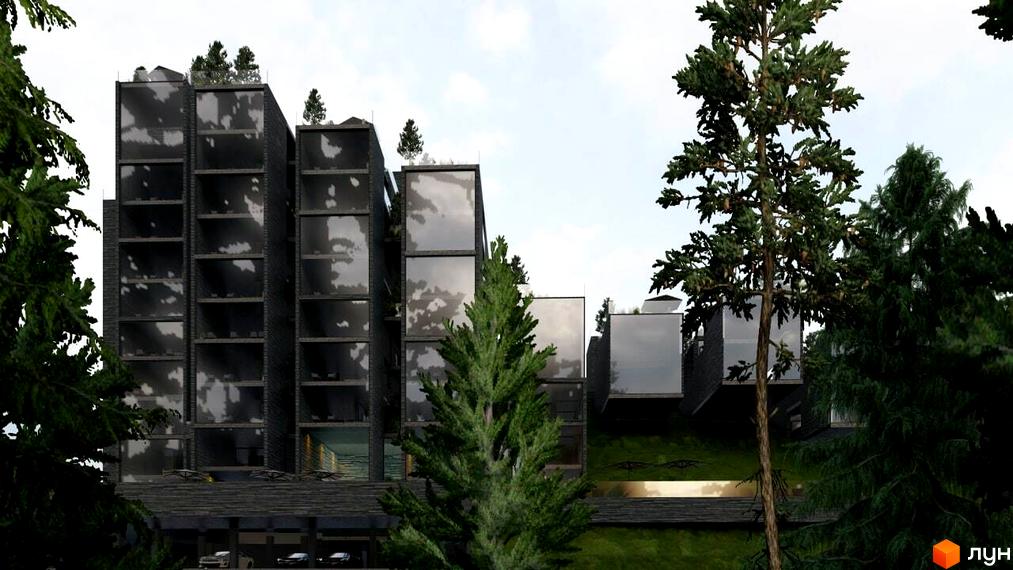 Апарт-комплекс Crystal Hills з темними фасадами та скляними вікнами, оточений деревами. На території комплексу є зелений схил та парковка з автомобілями.