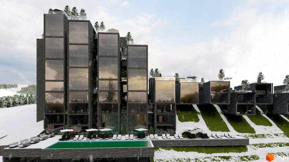 Апарт-комплекс Crystal Hills з панорамними вікнами та басейном на тлі засніжених гір. Сучасна архітектура та зелені тераси створюють унікальний вигляд.