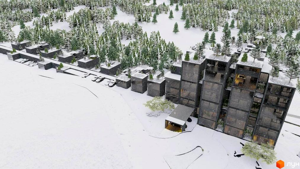 Апарт-комплекс Crystal Hills: багаторівневі будівлі з темними фасадами та скляними вікнами, з зеленими дахами, розташовані серед засніженого лісу.