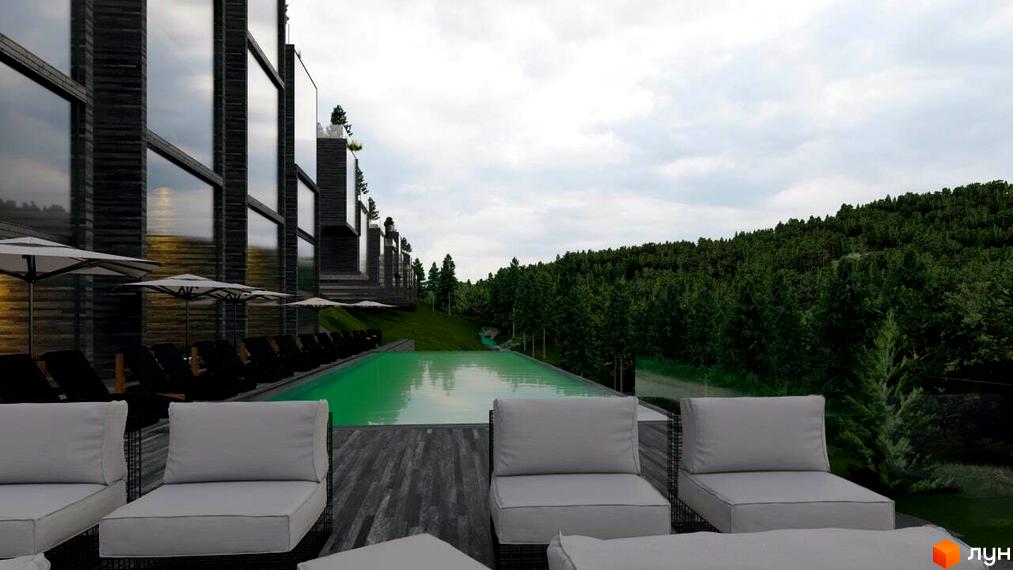 Фасад Апарт-комплексу Crystal Hills з темними панелями та великими вікнами. Перед будинком басейн, тераса з шезлонгами та ліс.