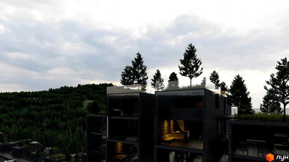 Апарт-комплекс Crystal Hills з темними фасадами та скляними елементами, оточений лісом та деревами на дахах. Сучасна архітектура новобудови.