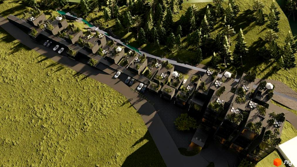 Апарт-комплекс Crystal Hills: аерофотографія багаторівневих будівель з озелененими дахами та прилеглою територією з парковкою і лісом.