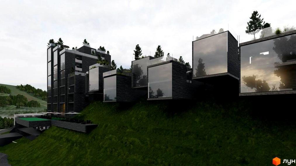 Комплекс Crystal Hills з багаторівневими будівлями та скляними фасадами, розташований на зеленому схилі з басейном.