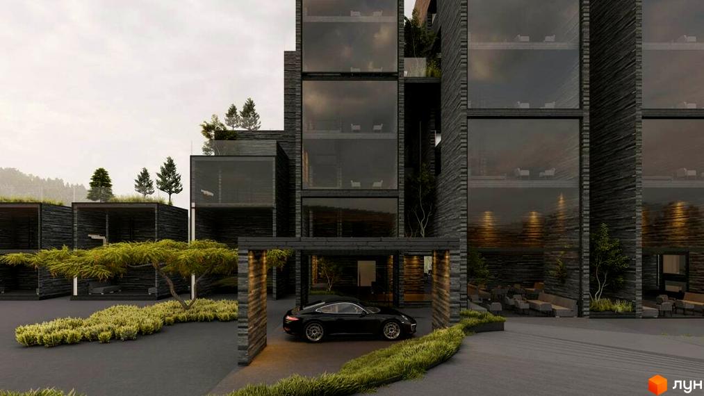 Апарт-комплекс Crystal Hills з темним фасадом та панорамними вікнами, прибудинкова територія з ландшафтним дизайном та автомобілем.