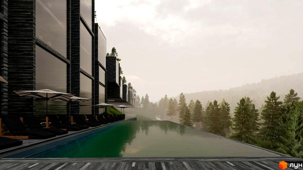 Фасад Апарт-комплексу Crystal Hills виконаний з темного каменю та великих вікон. Поруч басейн з лежаками та вид на ліс і гори.