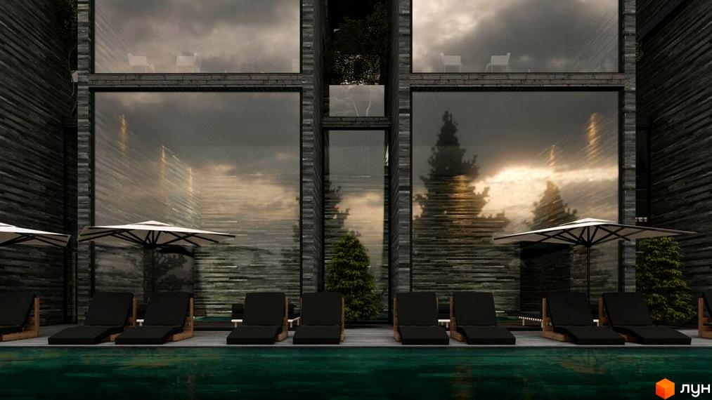 Апарт-комплекс Crystal Hills: будівля з темними стінами та панорамними вікнами, басейн з шезлонгами та парасольками.