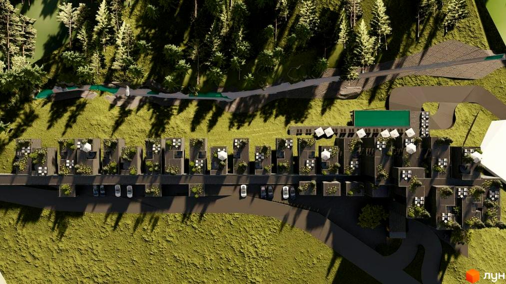 Апарт-комплекс Crystal Hills: вид зверху на багаторівневі будинки з зеленими дахами, оточені лісом та зеленими зонами.