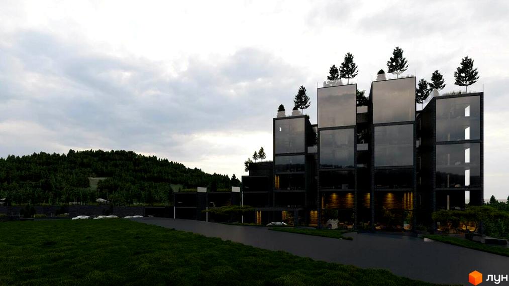 Апарт-комплекс Crystal Hills з панорамними вікнами та зеленими терасами на тлі лісистого пагорба. Навколо комплексу облаштована прибудинкова територія з доглянутим газоном та парковкою.