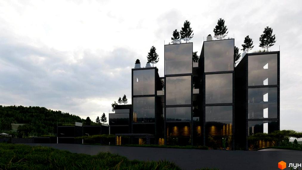 Апарт-комплекс Crystal Hills: багаторівнева будівля з темними скляними блоками та деревами на дахах, оточена зеленою територією.