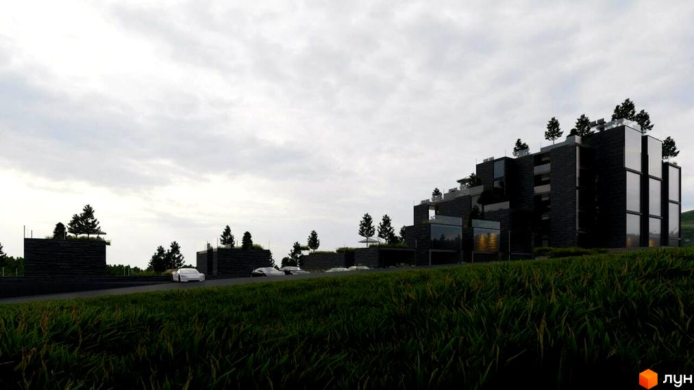 Житловий комплекс Crystal Hills: Темні багатоповерхові будинки з великими вікнами, розташовані на схилі, оточені зеленою травою та деревами.