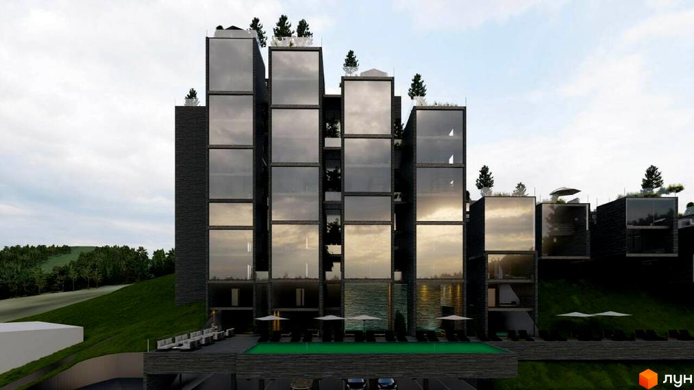 Апарт-комплекс Crystal Hills з темними модульними секціями та великими скляними вікнами. Поруч облаштована зона відпочинку з басейном та шезлонгами.