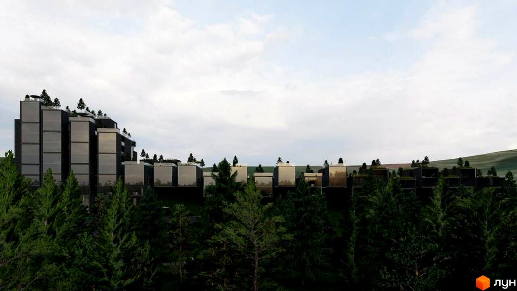 Апарт-комплекс Crystal Hills: будівлі з темними скляними фасадами та деревами на дахах, розташовані серед хвойного лісу на схилі.