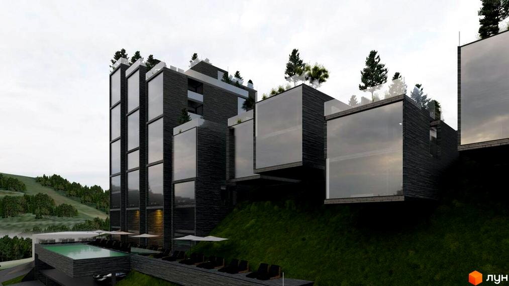 Апарт-комплекс Crystal Hills з темним фасадом та панорамними вікнами розташований на схилі гори біля басейну та зони відпочинку.