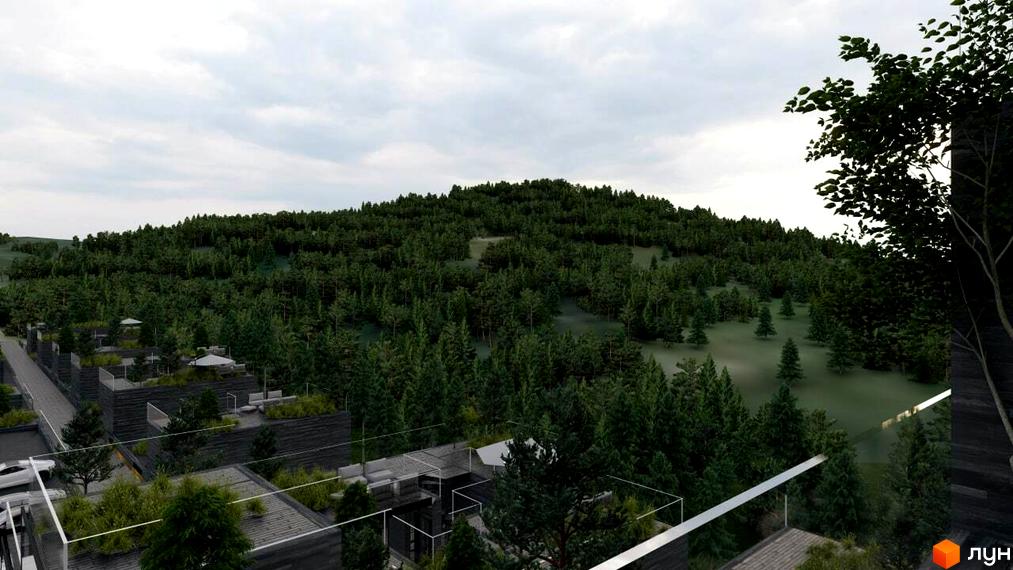 Апарт-комплекс Crystal Hills: багаторівневі будинки з темними фасадами та зеленими дахами. Поруч розташований густий лісовий масив.