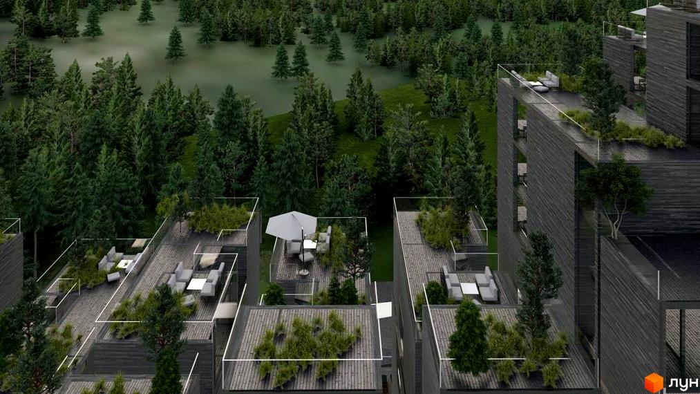 Апарт-комплекс Crystal Hills: багаторівневі будівлі з темним облицюванням та просторими терасами, оточені густим лісом.