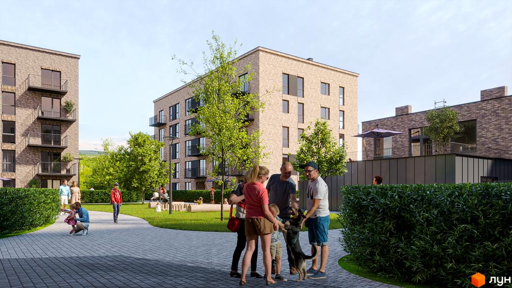 Новобудова ЖК WAWEL з цегляним фасадом та балконами, зелена прибудинкова територія з доріжками та людьми.