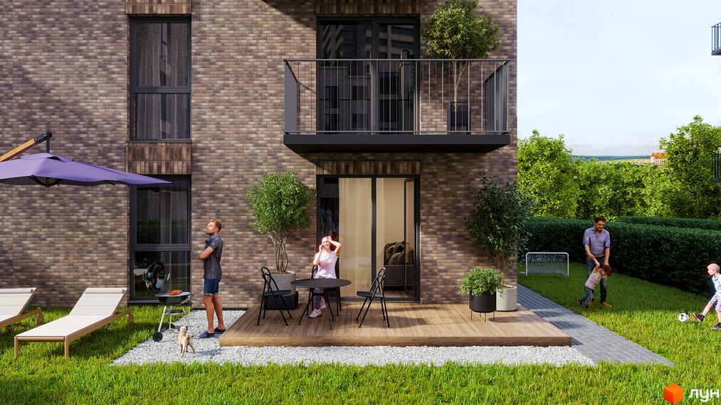 Новобудова ЖК WAWEL з цегляним фасадом та балконами. Прибудинкова територія з зоною відпочинку, барбекю та дитячим майданчиком.