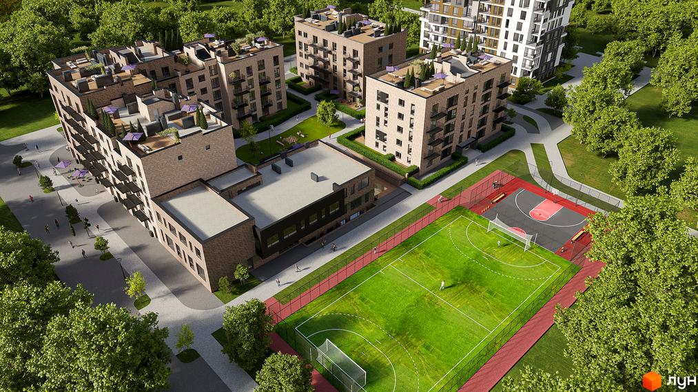 Житловий комплекс WAWEL з цегляними фасадами та балконами, прибудинкова територія з дитячим майданчиком та спортивними зонами.