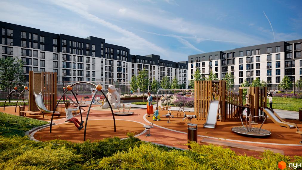Житловий комплекс City Park з багатоповерховими будинками біло-сірого та темно-сірого кольорів. На території облаштований дитячий майданчик з гірками та гойдалками.