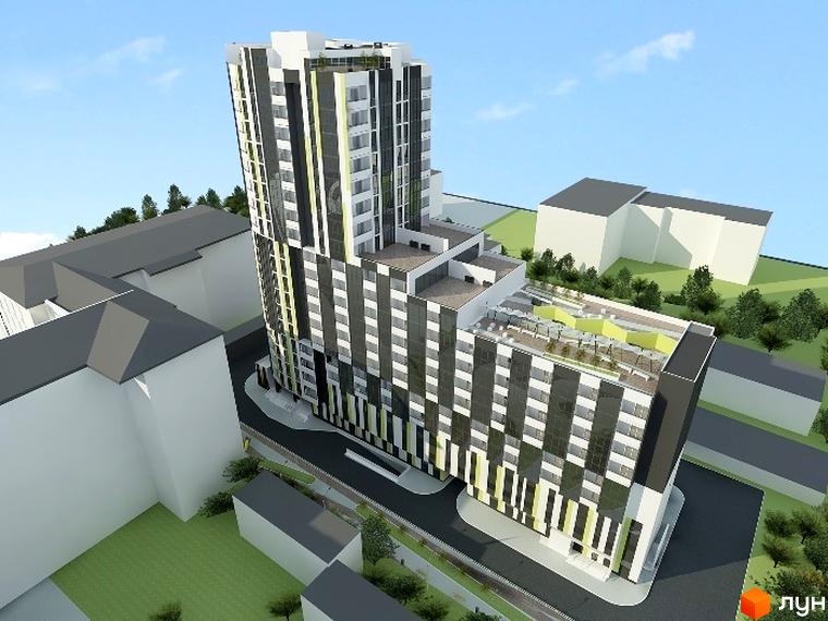 Житловий комплекс Аксіома з сучасною архітектурою та прибудинковою територією, озелененою для відпочинку мешканців.