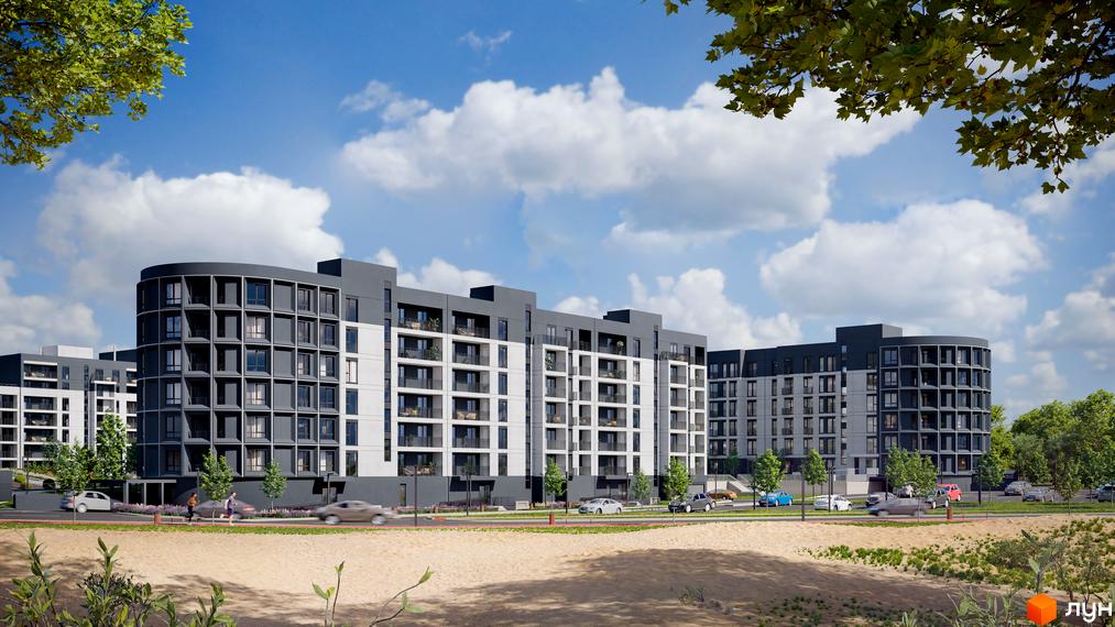 Житловий комплекс City Park. Багатоквартирний будинок з балконами та панорамними вікнами. На території є зелені насадження, парковка та дорога.