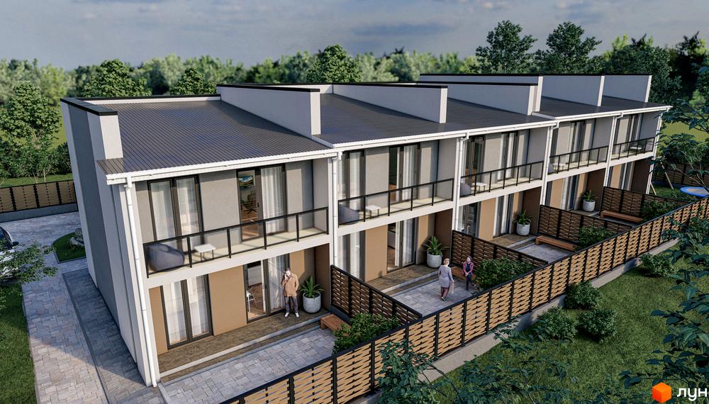 Триповерхові таунхауси BRICKWOOD HOUSE з терасами та панорамними вікнами, огороджені секційною огорожею з декоративними вставками, з доглянутою прибудинковою територією.