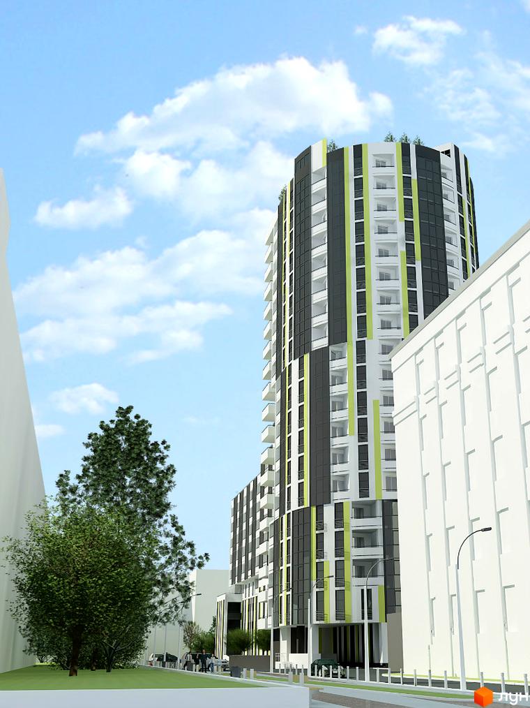 Житловий комплекс Аксіома з сучасною архітектурою та зеленими насадженнями на прибудинковій території.