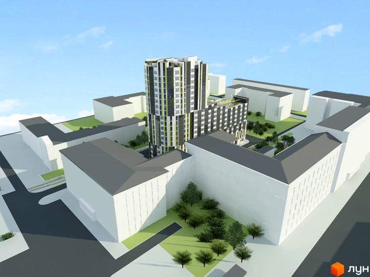 Житловий комплекс Аксіома з висотним будинком та прибудинковою територією, озелененням та доріжками.