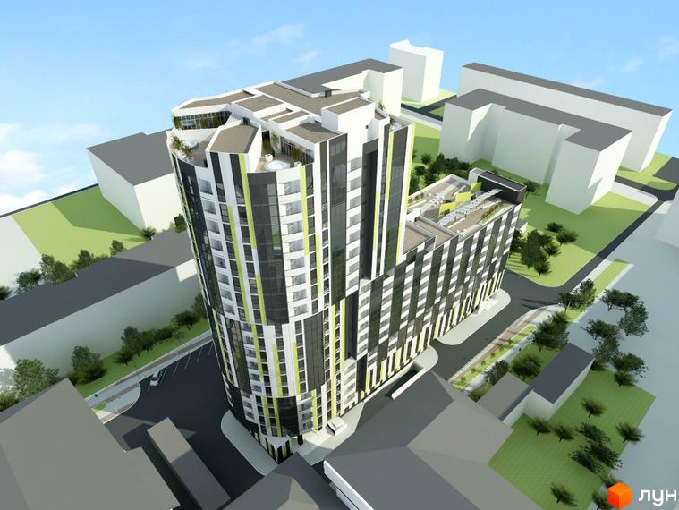 Житловий комплекс Аксіома з фасадом у смужку та терасами на даху. Навколо будівлі розташовані зелені зони та сусідні будинки.