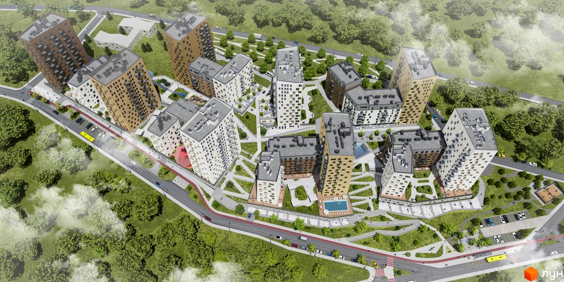 Житловий комплекс Viking Hills з високою поверховістю та сучасними фасадами, оточений зеленою територією з зонами відпочинку та спортивними майданчиками.