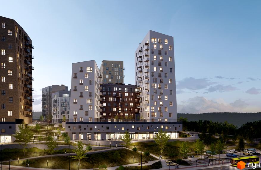 Житловий комплекс Viking Hills з багатоповерховими будинками та доглянутою прибудинковою територією з деревами та доріжками.