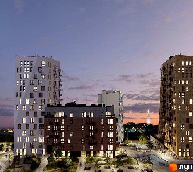 Житловий комплекс Viking Hills з цегляними та білими фасадами, балконами та освітленими вікнами. Навколо комплексу розташований доглянутий двір з деревами та освітленням.