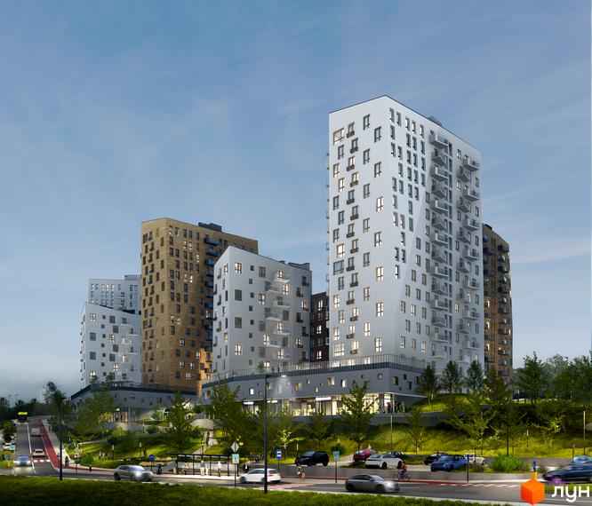 Комплекс Viking Hills - це сучасна архітектура з білими та цегляними фасадами, що доповнюється доглянутою прибудинковою територією з деревами та місцями для відпочинку.