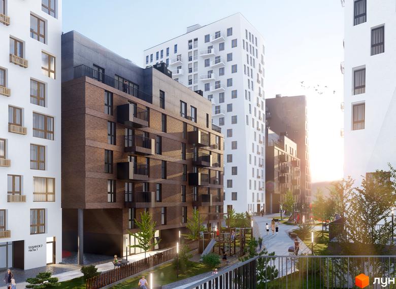 Житловий комплекс Viking Hills: фасади будівель з цегляним оздобленням та білими панелями, дитячий майданчик та зелена зона.