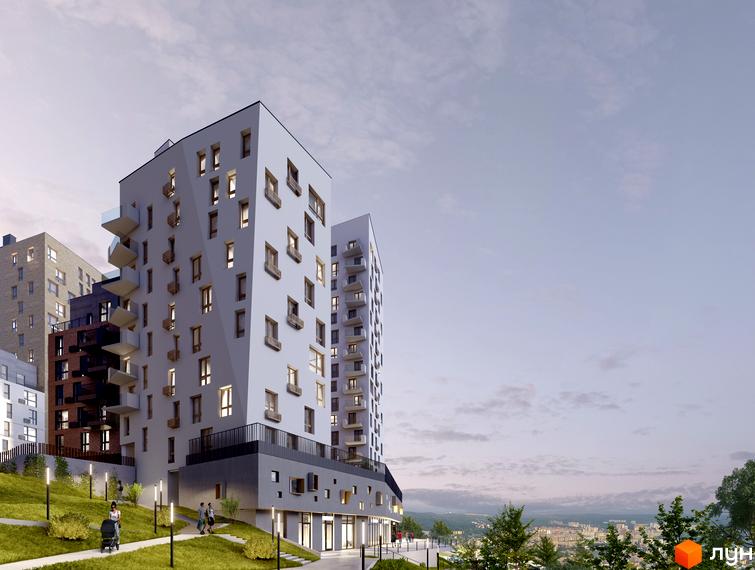 Житловий комплекс Viking Hills - це сучасна архітектура з виразними фасадами та балконами, розташований на схилі пагорба з доглянутою прибудинковою територією та зеленими зонами.