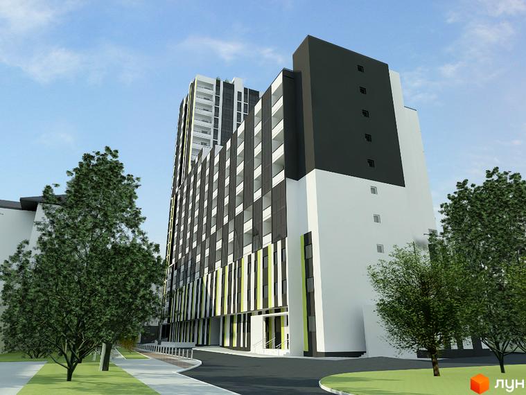 Зовнішній вигляд житлового комплексу ЖК Аксіома: висока будівля з білими та чорними фасадами, зелені акценти. Навколо будинку зелена територія з деревами та доріжками.