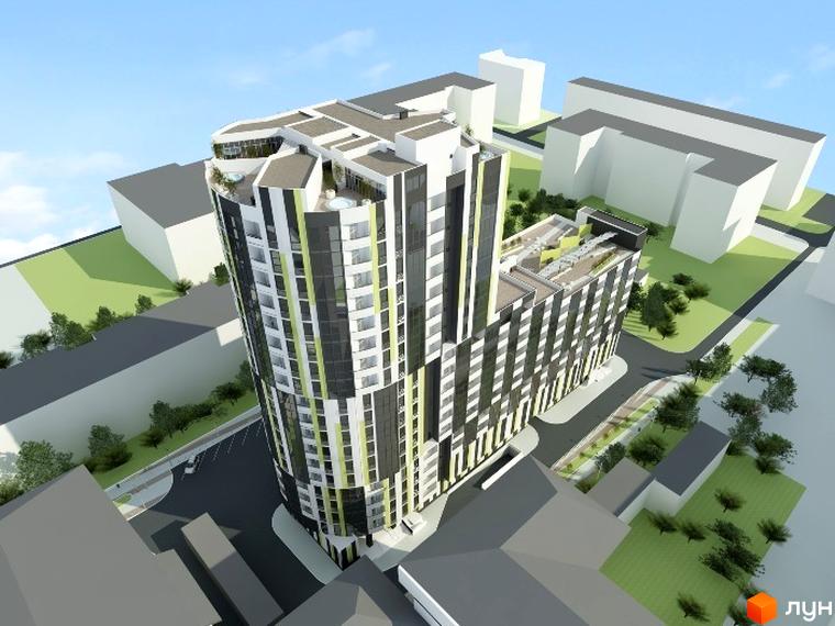 Зовнішній вигляд житлового комплексу Аксіома з вигнутим фасадом та зеленими смугами. Навколо будівлі розташовані дерева та дороги.