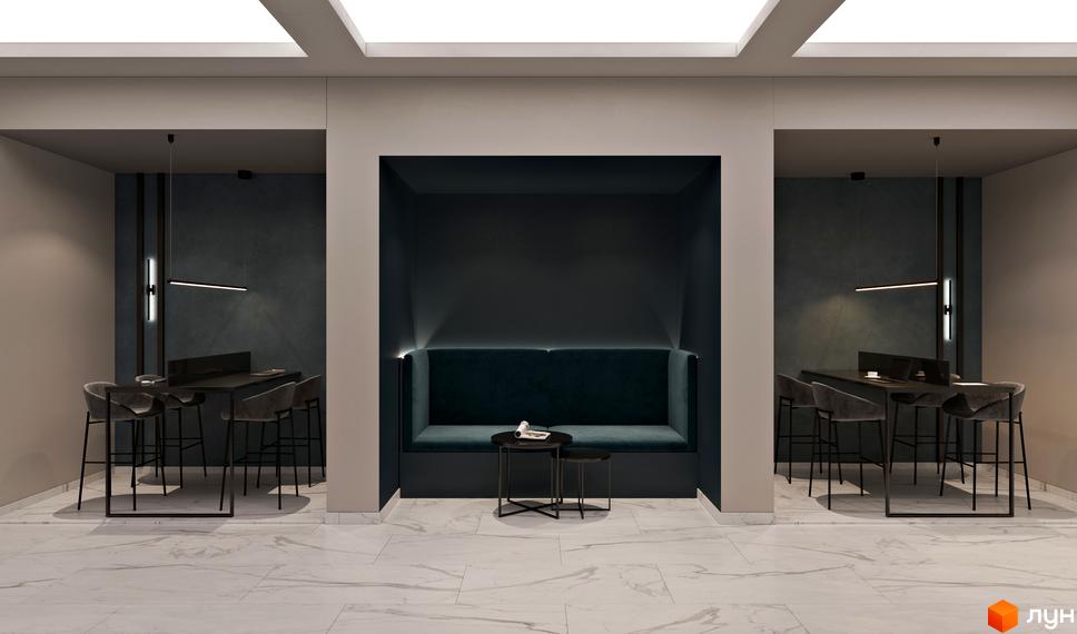 Інтер'єр зони відпочинку в ЖК Посейдон. Простір з диваном та столиками, оформлений у темних тонах, створює атмосферу комфорту та затишку.