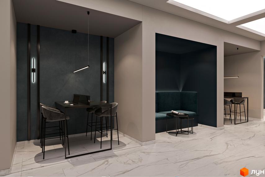 Зображення зони відпочинку в Житловому комплексі Посейдон. Інтер'єр з темними стінами, столиком та стільцями для роботи.