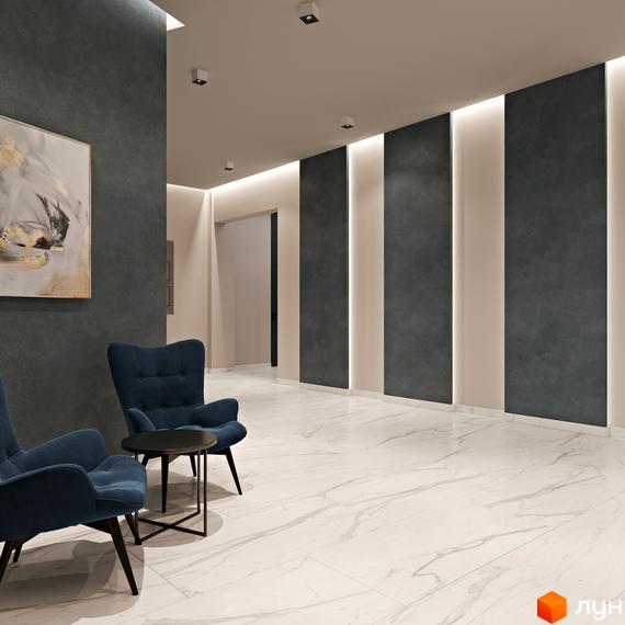 Інтер'єр холу Житлового комплексу Посейдон з синіми кріслами та картиною на стіні. Вигляд просторого приміщення з білою мармуровою підлогою.