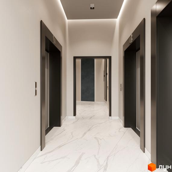 Інтер'єр поверху в Житловому комплексі Посейдон з ліфтами та мармуровою підлогою. Вигляд коридору з дверима.
