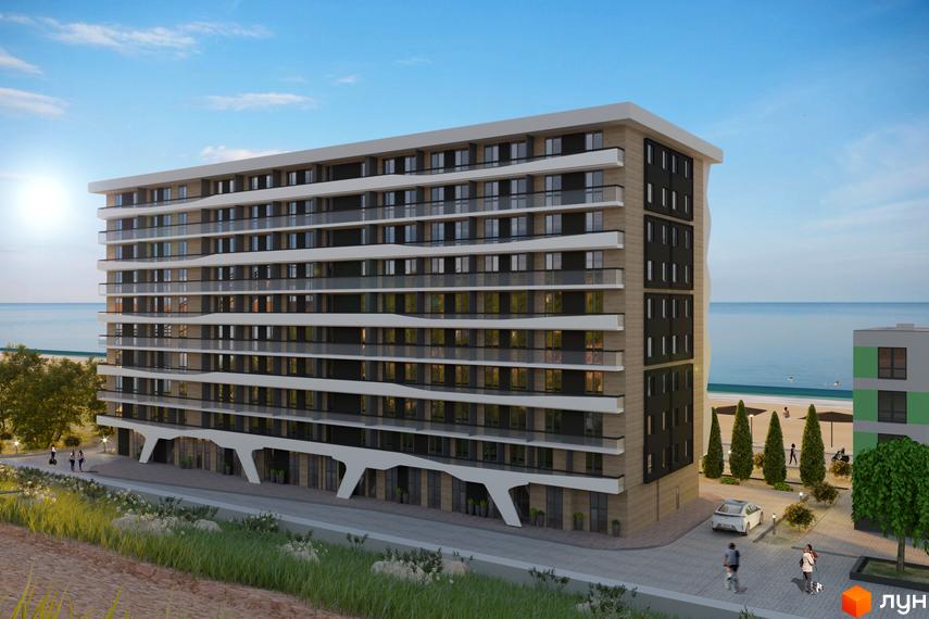 Апарт-комплекс Каліпсо, багатоповерховий будинок з балконами та панорамними вікнами на тлі моря. Прибудинкова територія з деревами, автомобілем та людьми.