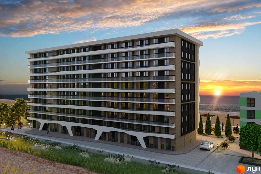 Апарт-комплекс Каліпсо – це багатоповерхова новобудова з балконами та панорамними вікнами на тлі морського пейзажу. Територія навколо комплексу упорядкована зеленими насадженнями та місцями для відпочинку.