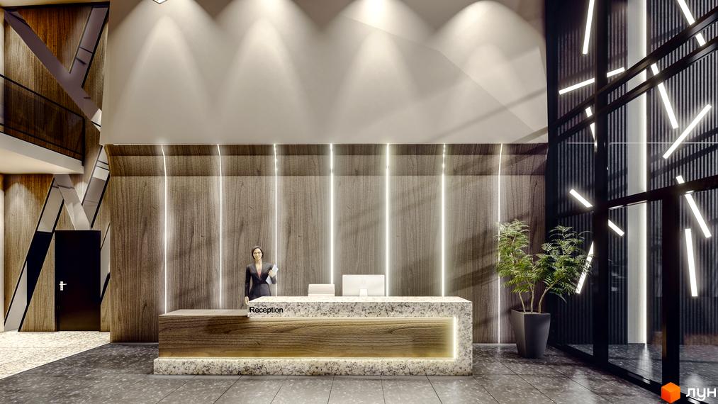 Сучасний дизайн рецепції в житловому комплексі AUROOM AIR з дерев'яними панелями та підсвіткою. Поруч розташована зелена рослина та вікно з геометричним візерунком.