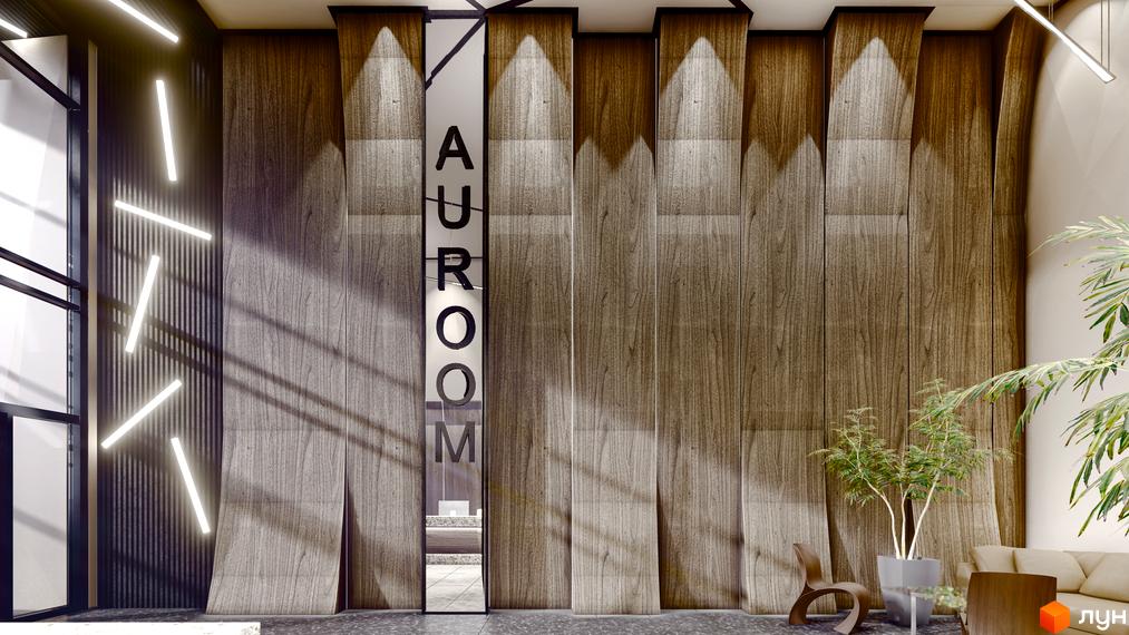 Житловий комплекс AUROOM AIR з дерев'яними панелями та неоновим освітленням. Вхідна група з логотипом проєкту та рослинами.