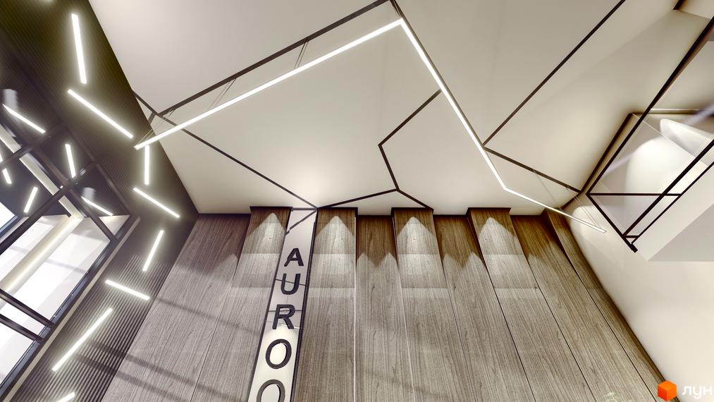 Житловий комплекс AUROOM AIR з дерев'яними елементами та геометричним освітленням. Сучасний дизайн фасаду та інтер'єру.