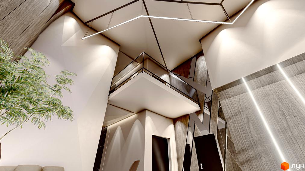 Дизайн інтер'єру ЖК AUROOM AIR з балконом та сучасною люстрою. Відкривається вид на кімнату з деревом та дверима.