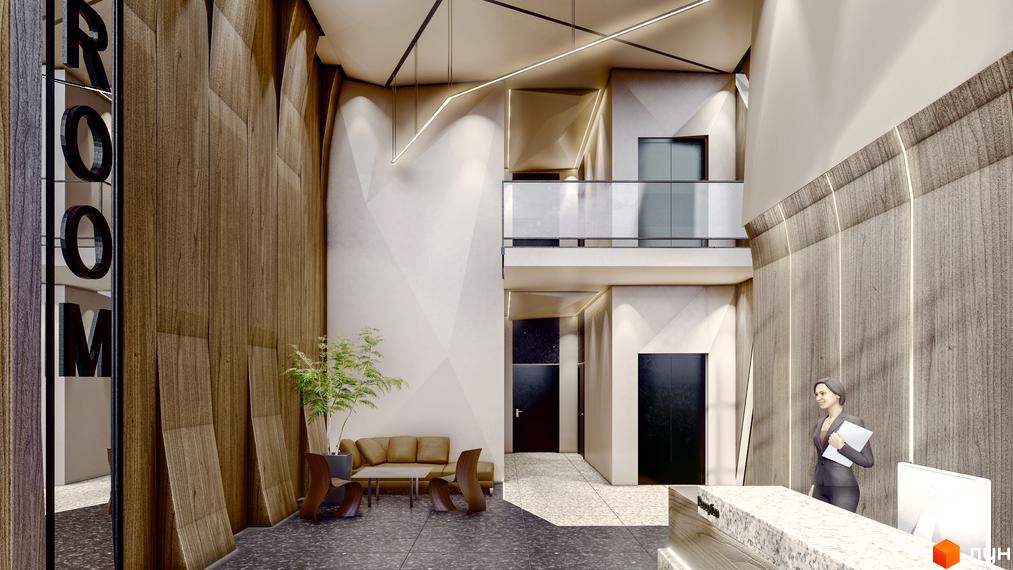 Дизайн холу житлового комплексу AUROOM AIR з дерев'яними панелями та сучасною зоною відпочинку. Сучасна рецепція з адміністратором.